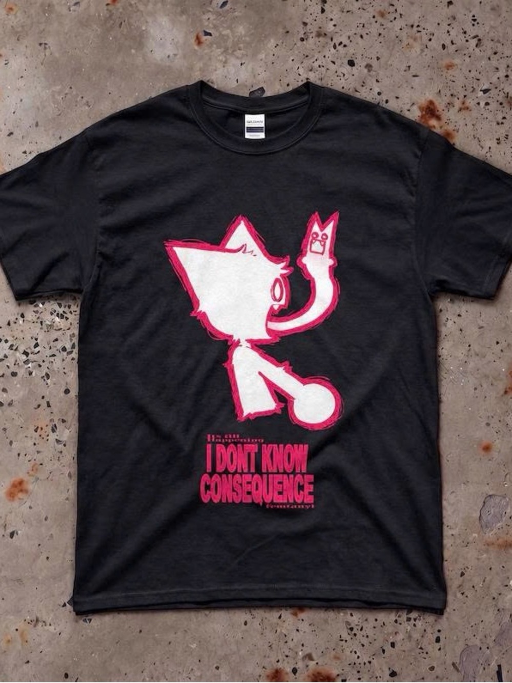 Black Graphic Tee with Pink & White Cartoon Print